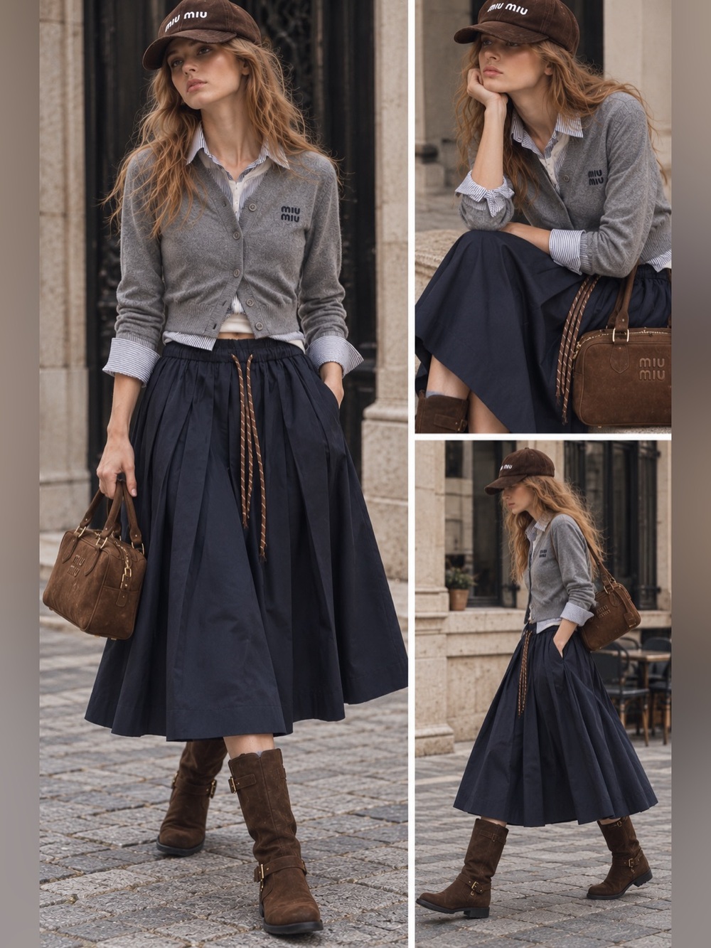 Navy Pleated Midi Skirt